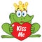 Cute Princess Frog Cartoon Mascot Character With Crown Holding A Love Heart With Text Kiss Me