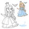 Cute princess with long hair holds on finger little bird color and outlined picture for coloring book