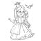 Cute princess with long hair holds on finger little bird outline