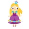 Cute princess in long violet dress and crown. Girl in queen costume. Cartoon style vector illustration