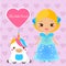 Cute princess with pet. Girl in blue dress and unicorn. Vector illustration in kawaii style