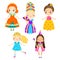 Cute princess set. Girls in queen dresses. Vector collection of cartoon fairy tales characters