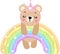 Cute princess teddy bear hanging on magic rainbow