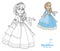 Cute princess teen in lush dress and tiara shows away from herself color and outlined picture for coloring book