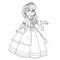 Cute princess teen in lush dress and tiara shows away from herself outlined picture for coloring book