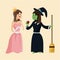 Cute princess and ugly witch give apple