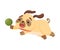 Cute pug chases a ball. Vector illustration on white background.