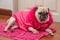 Cute pug dog with fashion pink dress wool sleep rest on floor.