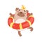 Cute Pug Dog with Lifebuoy, Funny Friendly Animal Pet Character Relaxing Vector Illustration