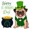 Cute pug dog in St. Patrick`s Day leprechaun costume: green top hat, vest and bow tie, pot of gold filled with coins, with