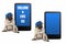 Cute pug puppy dog looking smart, sitting next to tablet phone with text follow and like us, wearing blue cap