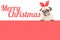 Cute Pug puppy dog with red christmas hat ears looking at easy text to remove with word Merry Christmas above pink banner.