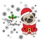 Cute pug puppy wearing a Santa Claus costume. Christmas card