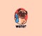 The cute pug with water logo. Puppy with lettering