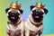 Cute pugs with crowns on heads smiling on bright multicolored background. Portrait of happy dogs with royal accessories