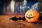 Cute pumpkin and bat on wooden table