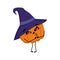 Cute pumpkin character in pointed hat falls in love with eyes hearts, kiss face, arms and legs
