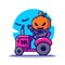 Cute Pumpkin Vampire Driving Tractor Cartoon Vector Icon Illustration.