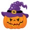 Cute Pumpkin Wearing Purple Witch Hat. Vector Happy Halloween. Vector Pumpkin in Witch Hat
