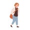 Cute pupil girl with bag going to elementary school vector flat illustration. Smiling schoolgirl with hands in pockets