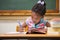 Cute pupils writing at desk in classroom