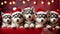 Cute puppies husky wearing Santa Claus red hat sit in the red gift box