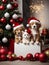 Cute puppies and kitten wearing Santa Claus red hat. Generative AI