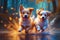 Cute puppies playing splash autumn explosion atmosphere generated by ai