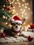 Cute puppy Chihuahua wearing Santa Claus red hat under the Christmas tree