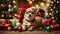 Cute puppy Chihuahua wearing Santa Claus red hat under the Christmas tree