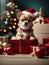 Cute puppy Chihuahua wearing Santa Claus red hat under the Christmas tree sits in the gift box