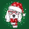 Cute puppy in a Christmas hat and scarf. Vector illustration. Beagle. New Year`s and Christmas.