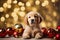 cute puppy - Christmas season - Xmas decoration - golden glowing background - shiny baubles