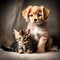 Cute puppy and cute kitten posing for a photo - ai generated image