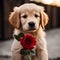 A Cute Puppy with a Delicate Rose