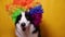 Cute puppy dog with funny face border collie wearing colorful curly clown wig isolated on yellow background. Funny dog