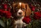 Cute puppy dog with red roses. Valentines celebration. Generative ai