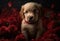 Cute puppy dog with red roses. Valentines celebration. Generative ai