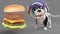 Cute puppy dog in space suit looks hungrily at giant cheese burger, 3d illustration