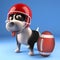 Cute puppy dog wearing American football helmet and looking at ball, 3d illustration