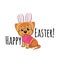 Cute puppy in easter bunny costume. A dog sits smiling in a pink suit with bunny ears on its head