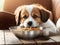 Cute puppy eating food at home