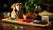 Cute puppy eating healthy meal on wooden table outdoors generated by AI