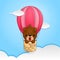 A cute puppy is flying in a bright balloon across the sky among the clouds. Cartoon flat style. Vector children`s illustration