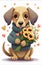 Cute puppy holding a bouquet of flowers in its paws. AI generated