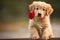 cute puppy holding red rose in paws outdoors