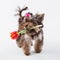 Cute puppy holds a flower in its teeth. Yorkshire terrier on a white background