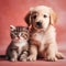 Cute puppy and kitten sitting together, best friends forever. AI