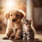 Cute puppy and kitten sitting together, best friends forever. AI