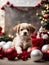 Cute puppy near the Christmas tree. Merry Christmas and Happy New Year decoration around. Generative AI